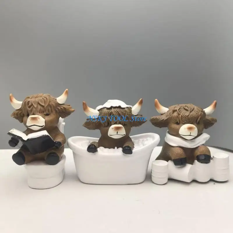 L8RC 3 Piece Resin Scottish High Land Cow Figurines Set Bathroom Interior Ornaments