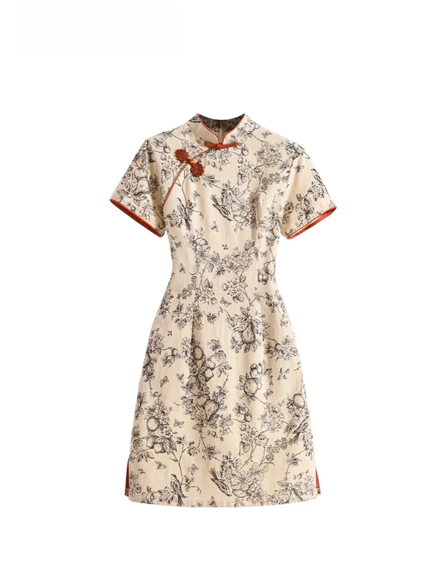 

New Chinese Style plus Size Women's Dress Waist Cinching Belly Covering Slimming Modified Commute Style Short Sleeve