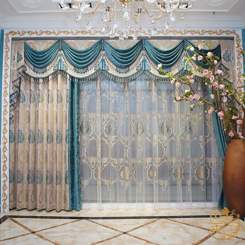 New European Style Peacock Blue Jacquard Patched Curtains for Living Room Bedroom French Window Customized Villa Valance