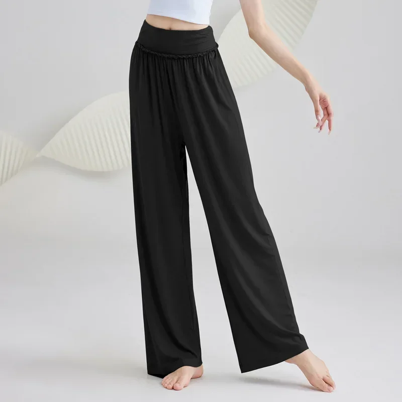 Modale drapierte Tanzhose für Damen, lockere, gerade Sommer-Übungskleidung, klassische Tanzhose mit weitem Bein, schlankmachend, modern