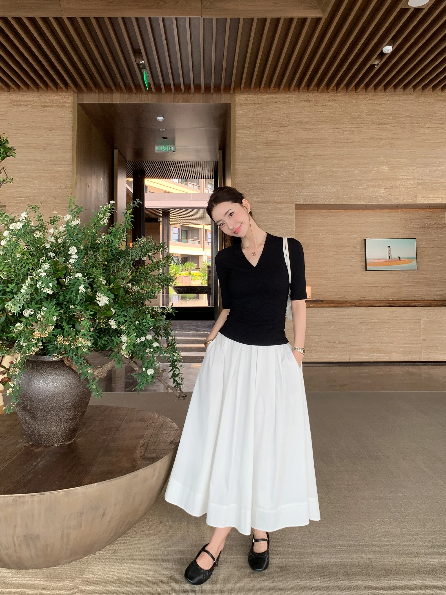 Pusumede Hepburn A-Line Midi Skirt Women's High Waist Elastic Waist Simple Style Cotton Blend Skirt Summer 2026 Collection