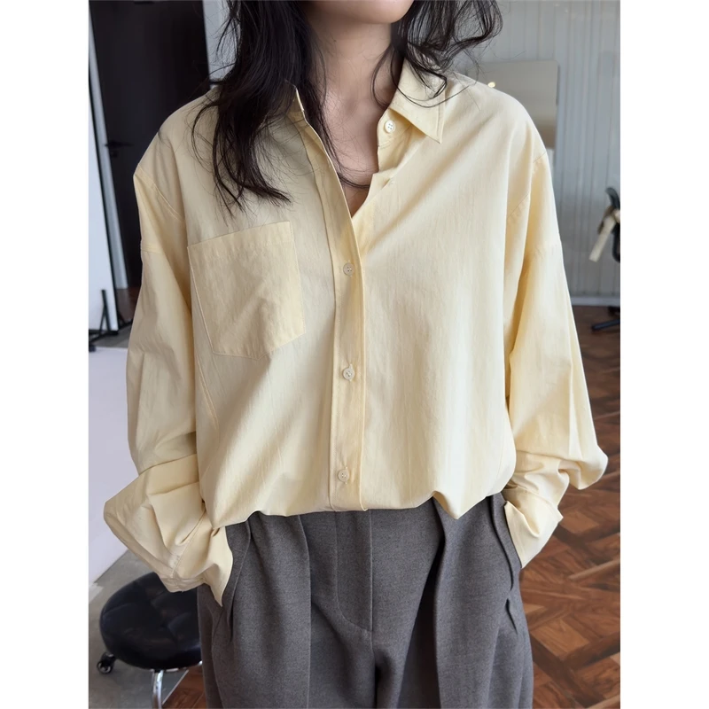 Wiosenna i jesienna damska luźna koszula z długim rękawem i kołnierzykiem w jednolitym kolorze