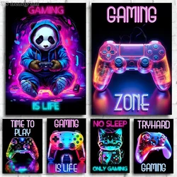 Gamer Cat Panda No Sleep Only Gaming Canvas Painting Gaming Zone Poster Print Neon Gaming Mural Home Boy Room Decor Wall Art