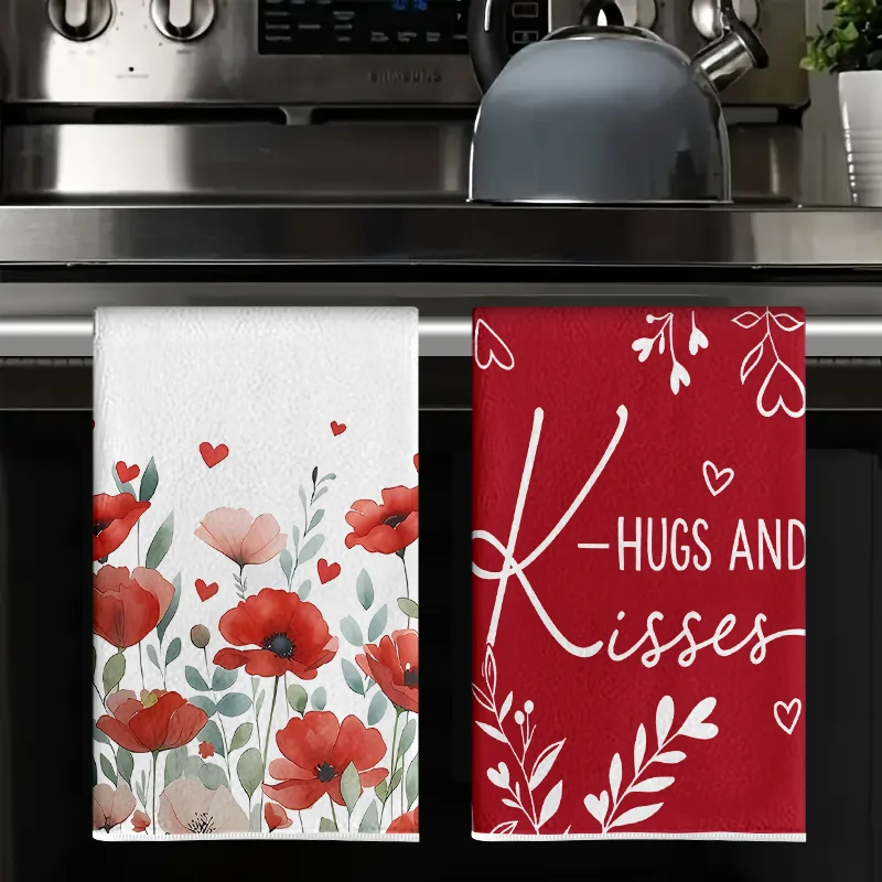 2Pcs, Poppy Flower and K-Style Confession Kitchen Towels, 40Cm*60Cm Towel Set, Super Absorbent Soft Cleaning Cloth, Cooking and Baking Tea Towel, Hand Towel, Cleaning Cloth, Dishcloth, Kitchen Decoration, Living Room Decoration, Kitchen Essentials, Home Essentials
