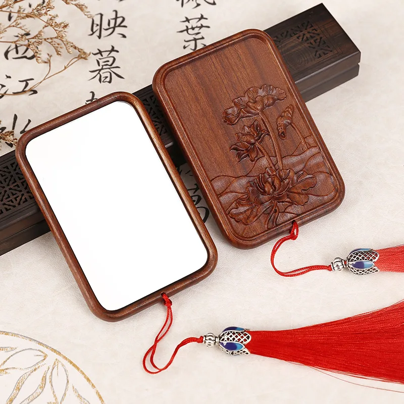 Chinese Style Green Sandalwood Makeup Mirror Portable Rosewood Exquisite Makeup Mirror Wooden Rectangular Small Mirror