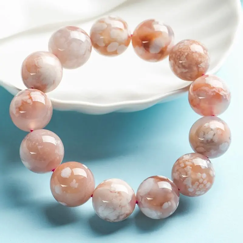 Kawaii Natural Pink Cherry Blossom Agate Bracelet Ice Snow Hand String Good Lucky Gem Cute Female Birthday Valentine's Day Gift