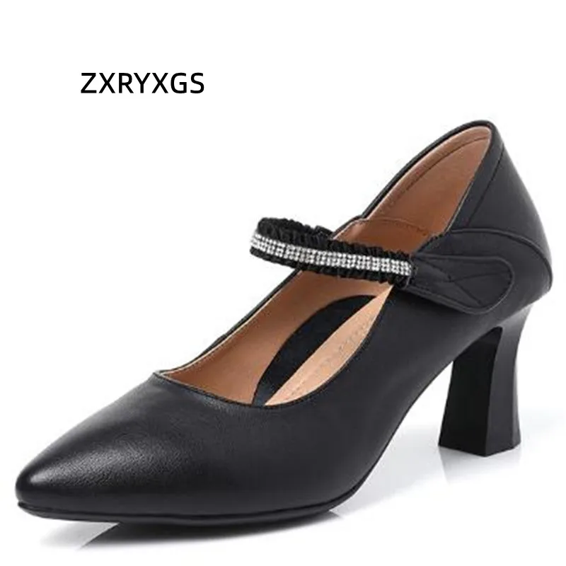 

ZXRYXGS 2023 New Spring Classic Rhinestone Genuine Leather Shoes Woman Pumps Shoes Pointed Shallow Mouth Work Banquet High Heels