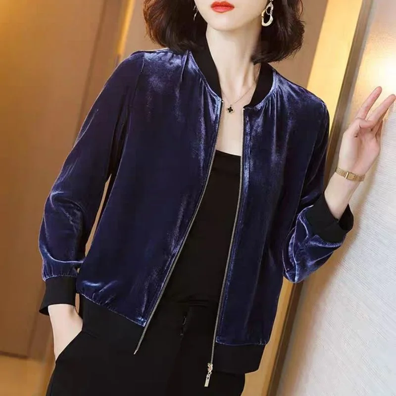 

2025 Spring and Autumn New Gold Velvet Women's Zipper Short Baseball Jacket Top