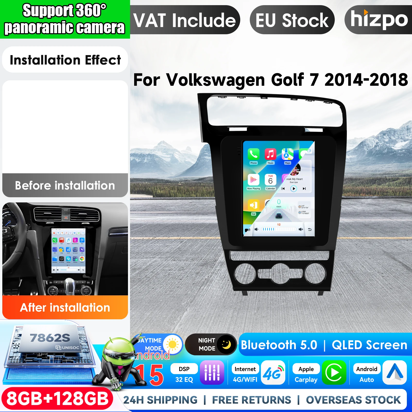 Hizpo 9,7 pouces Android 15 pour Volkswagen VW Golf 7 2014 2015 2016 2017 2018 Navigation GPS Lecteur multimédia stéréo Carplay Android Auto Audio 2Din Autoradio Navigation GPS Systèmes intelligents AI pour voiture Unité centrale Autoradio Vidéo Stéréo Audio QLED Tactile