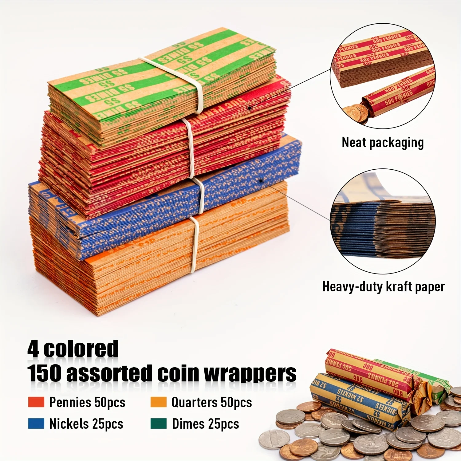 150pcs Assorted, ABA Standards Color Flat Striped Coin Wrappers: Quarters,Dollars,Dimes,Nickels,and Pennies!