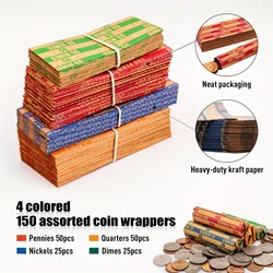 150pcs Assorted, ABA Standards Color Flat Striped Coin Wrappers: Quarters,Dollars,Dimes,Nickels,and Pennies!