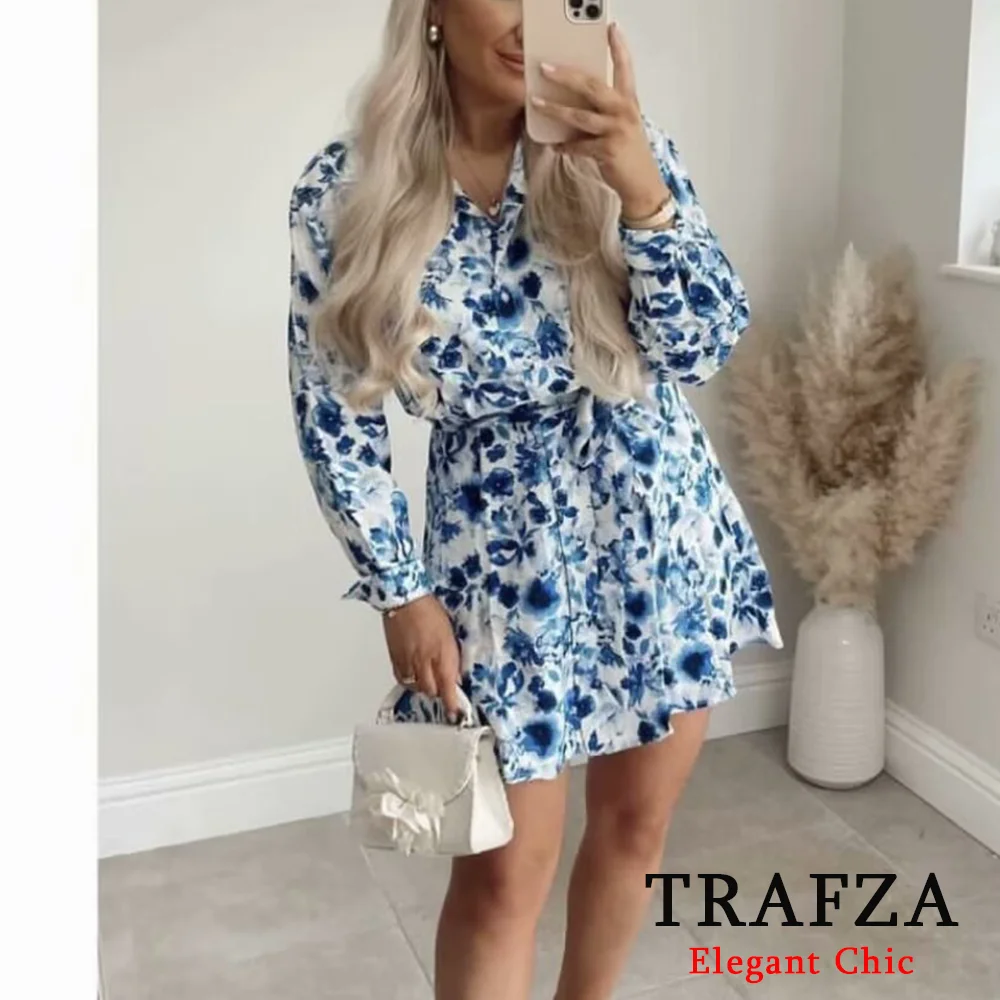 TRAFZA Elegant Casual Blue Printed Dress Women\'s Lapel Button Belt Dress New 2024 Spring Fasion Long-Sleeved Dress