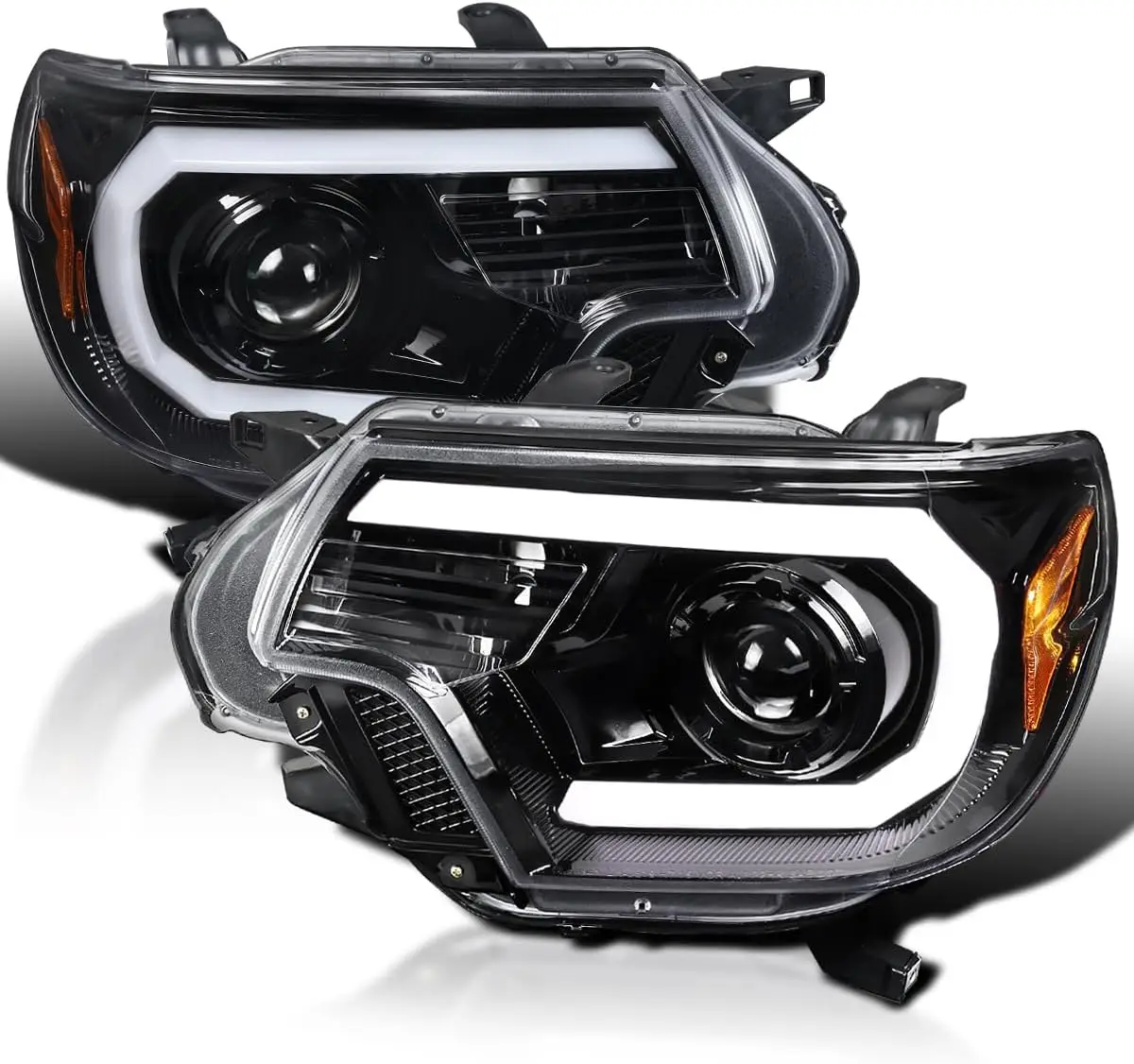 Sulinso LED Light Bar Jet Black Housing Clear lens Projector Headlights Compatible with 2012-2015 Toyota Tacoma Left + Right