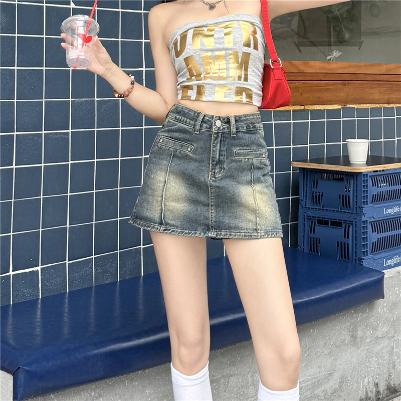 

Женская летняя повседневная джинсовая юбка трапециевидной формы с высокой талией, женская уличная одежда, искусственные шорты-шорты из двух предметов