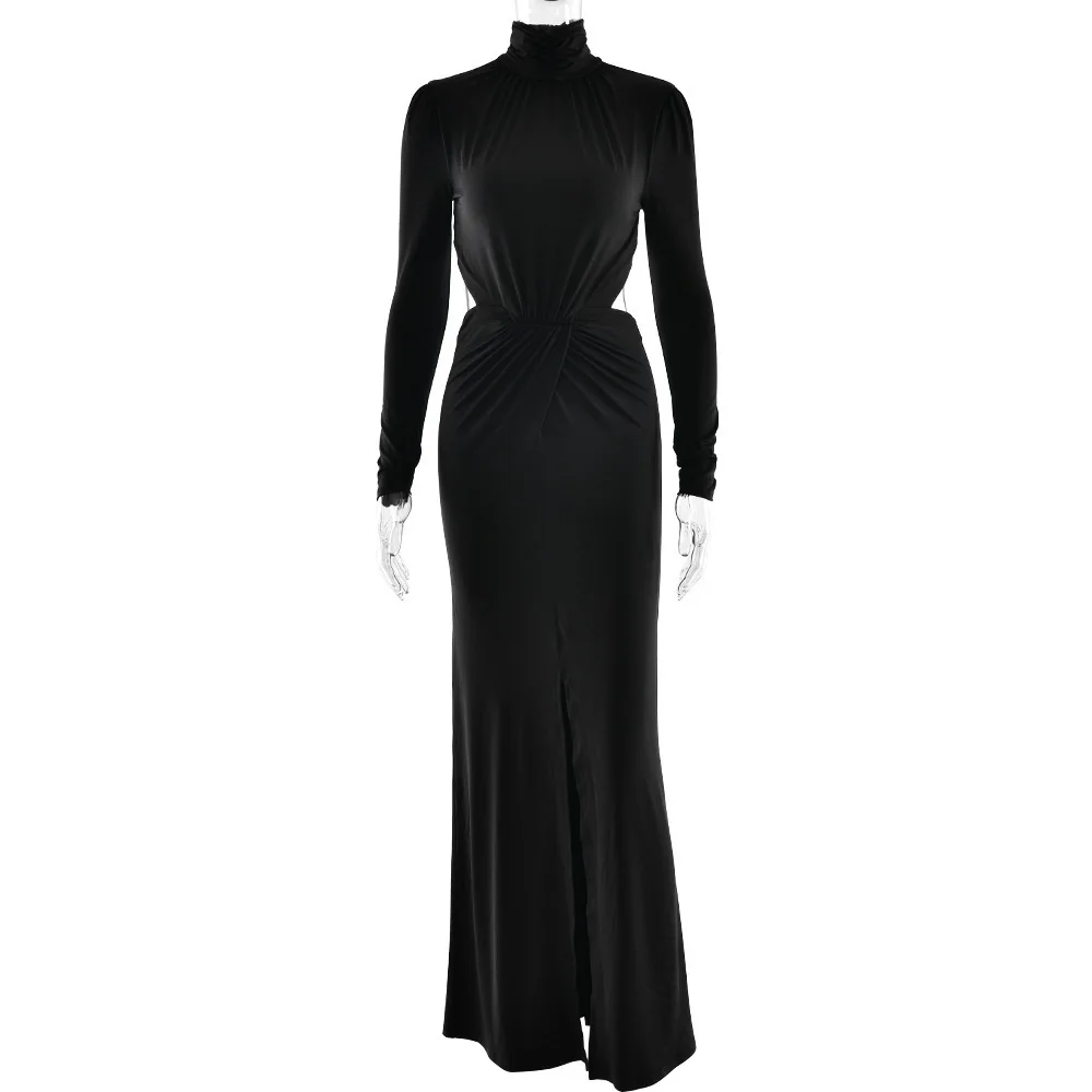 Apprabant outono inverno feminino maxi vestido dividido elegante preto gola alta ruched sexy sem costas cortar manga longa noite partywear