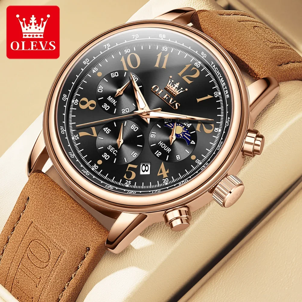 

OLEVS 2912 New Luxury Brand Quartz Men's Watch Lunar Phase Calendar Chronograph Watch Casual Waterproof Leather Strap Men Watch