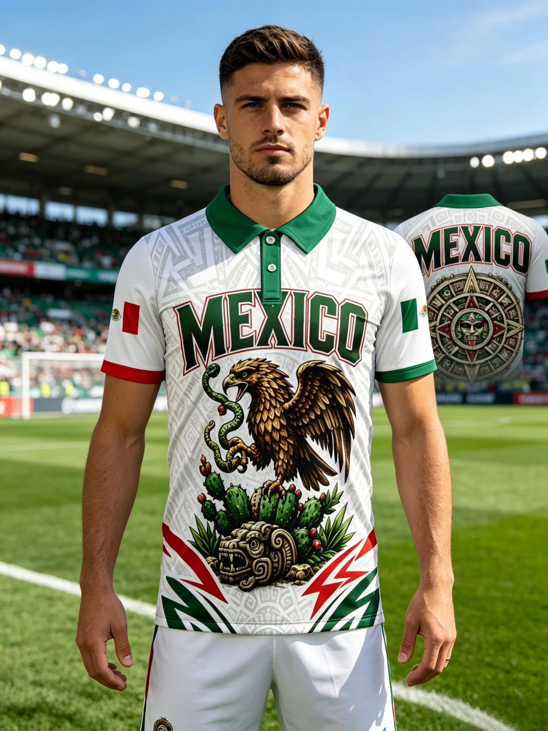 Men’s Mexico supporter soccer shirt. Unique cultural graphics, lightweight moisture-wicking sport jersey