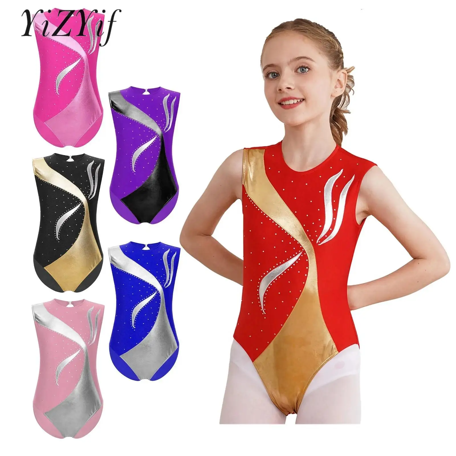 Kids Girls Patchwork Gymnastics Performance Athletic Activewear Jumpsuit Leotard Bodysuit Practice Outfit Tumbling Biketard