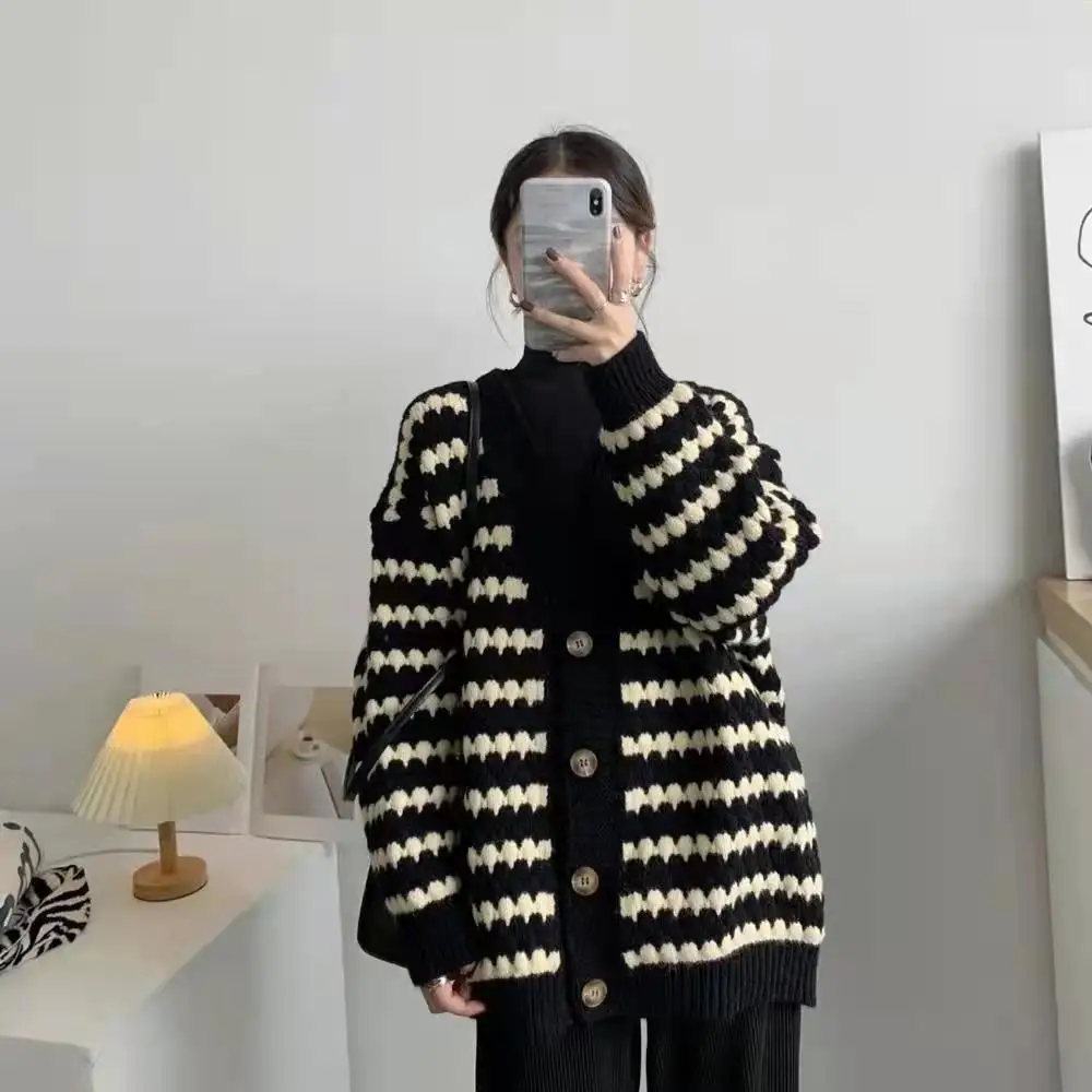 

Korean Style V-Neck Open Cardigan Sweater Women's Loose Long Striped Knitted Outerwear Spring Autumn Winter New Arrival