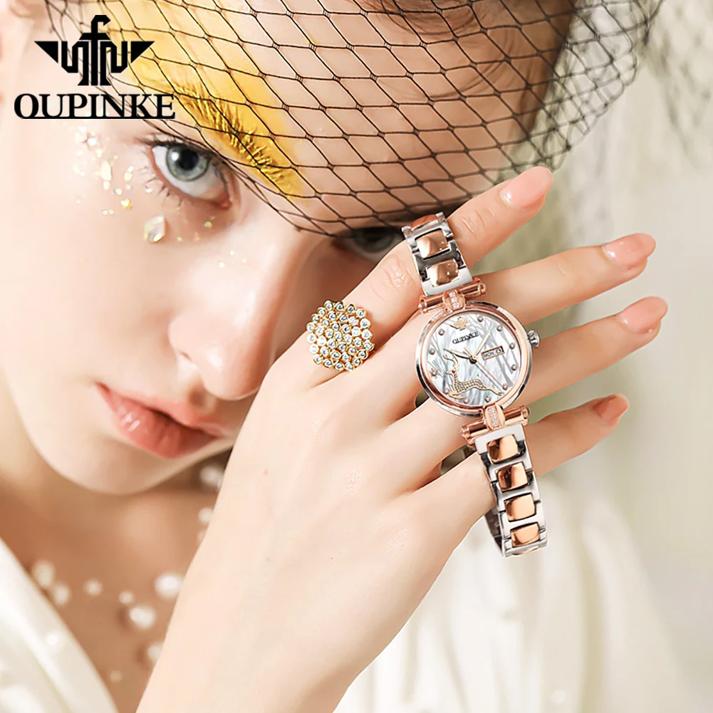 OUPINKE 3180 Orologio da donna di lusso Orologio meccanico automatico con zaffiro Quadrante in cervo Orologio da giorno con data in acciaio inossidabile per donna Reloj