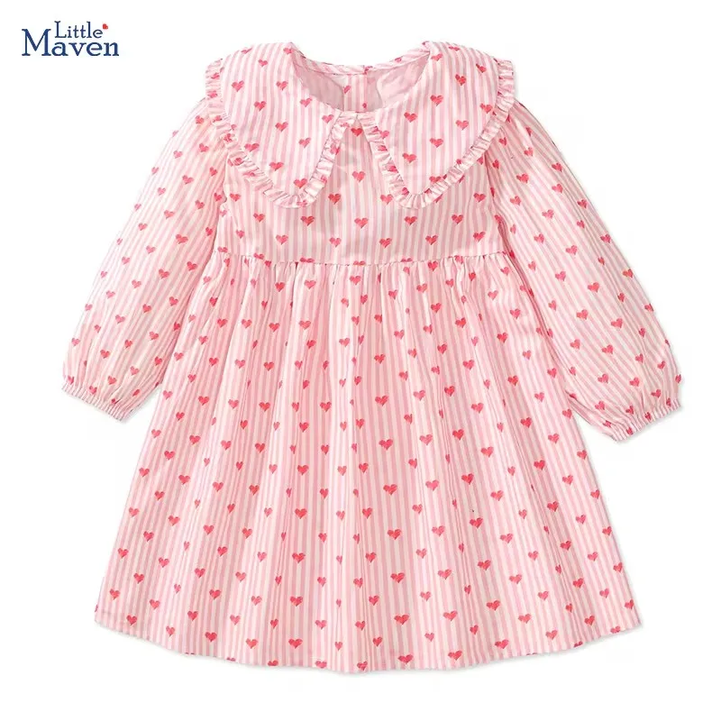 Little maven Children\'s Clothing New Spring Autumn Peter Pan Collar Cute Baby Girl Sweet Hearts Print Girl Princess Dresses Pink