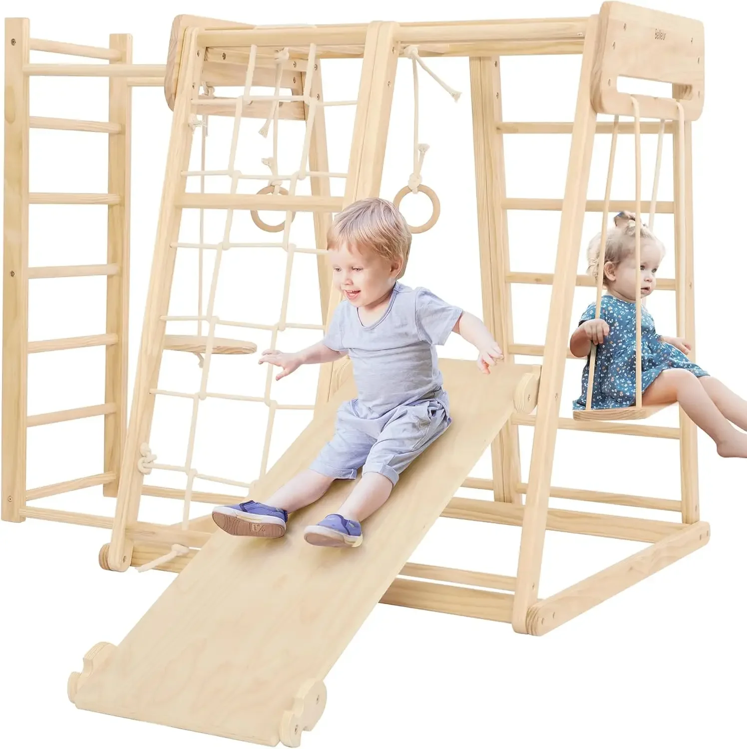 8 in 1 Indoor Jungle Gym for Kids 1-6, Wooden Indoor Playground with Slide & Swing, Montessori Climbing Set with Climbing Net &