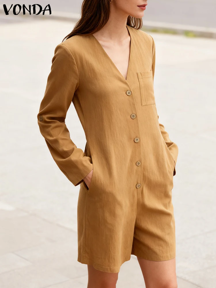2025 VONDA femmes automne 100% coton mode combishorts à manches longues col en v combinaisons courtes poches solides élégant bureau salopette