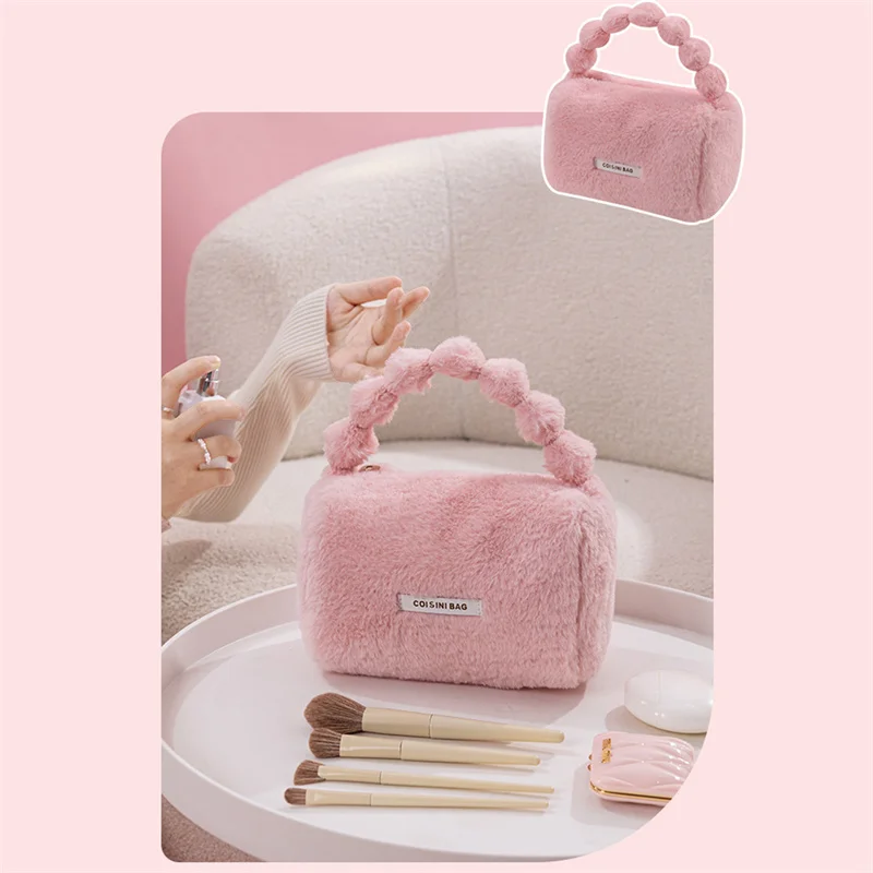 Makeup Bag Cute Plush Soft Women Travel Skincare Product Storage Packet Travel Cosmetics Fashion Zipper Portable Storage Bags