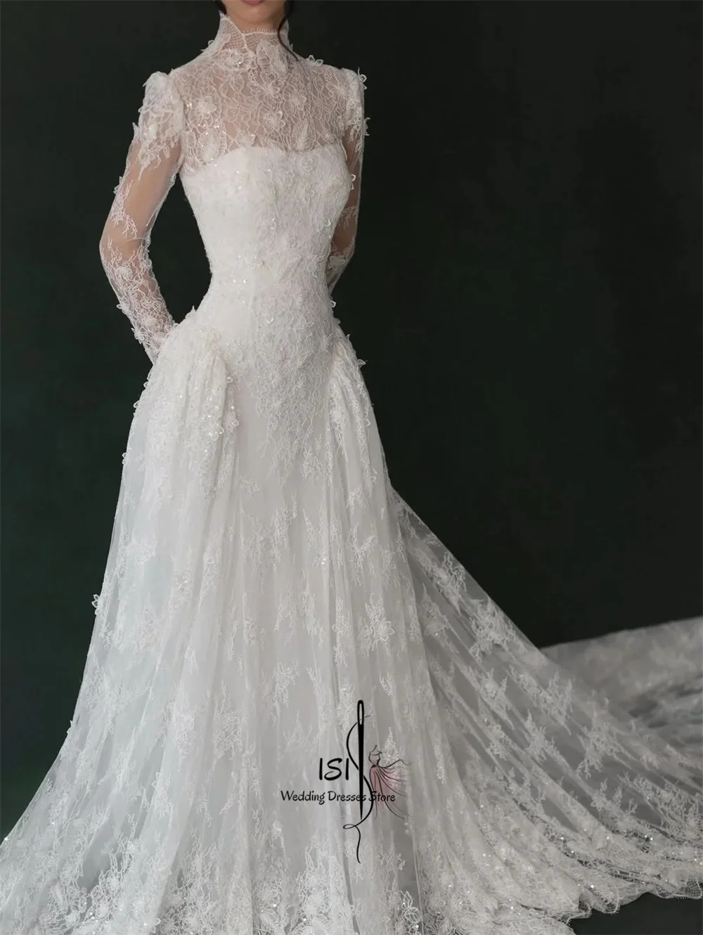 ISI 2026 Elegant High Neck Lace Wedding Dresses For Woman High Quality A Line Full Sleeve Bridal Gown Applique Customized
