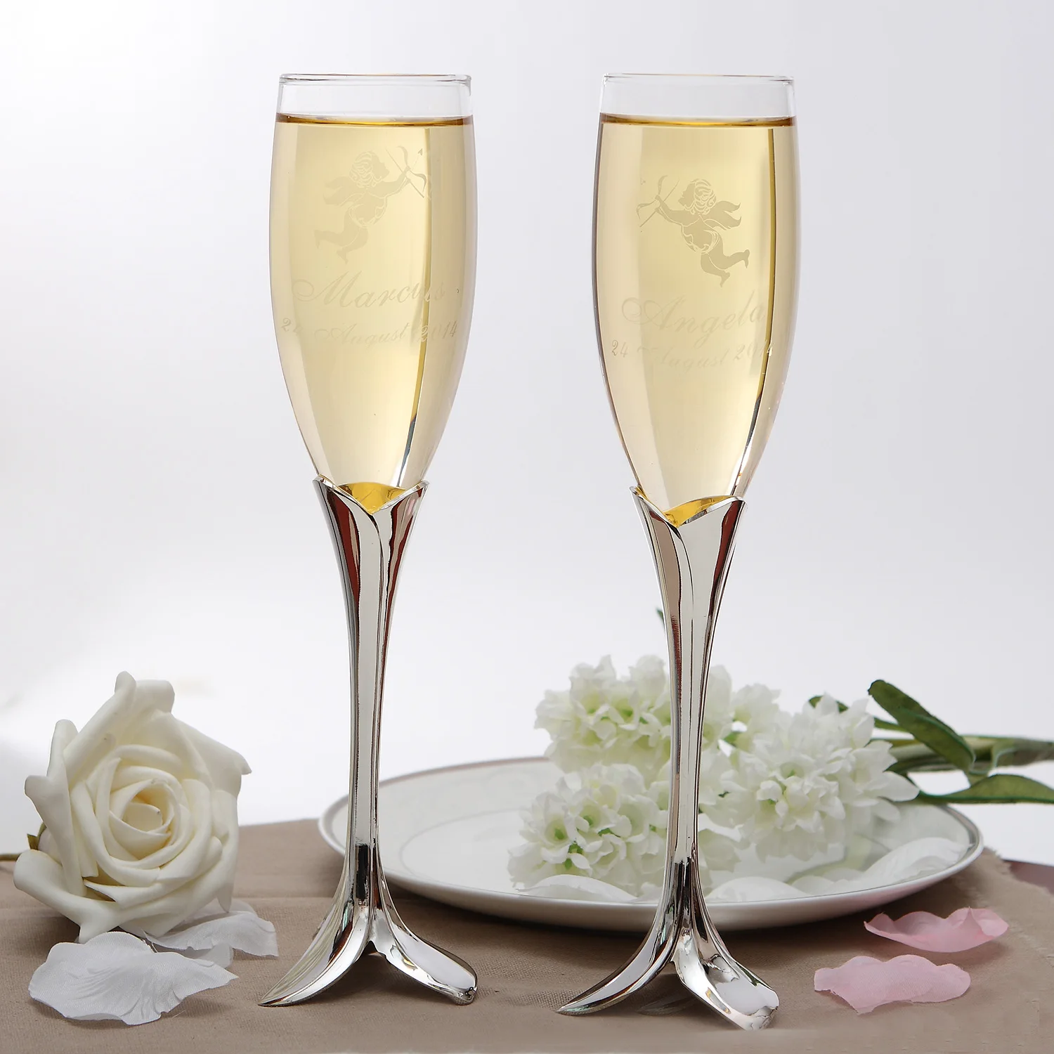 Personalized Three Leaf BaseToasting Flutes Wedding supplies Etched Angel Pattern Champagne Glass Anniversary Gift-(Set of 2)