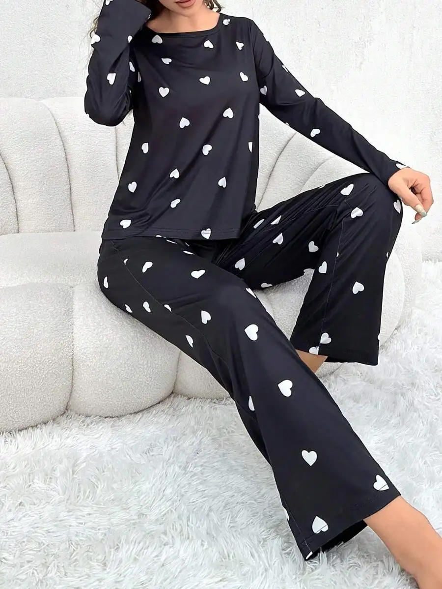 Damen-Pyjama, lässig, Liebesdruck, Rundhalsausschnitt, lange Ärmel, lange Hosen, Herbst und Winter, bequemes Set, Mädchen-Nachtwäsche, Homewear – Detail 4