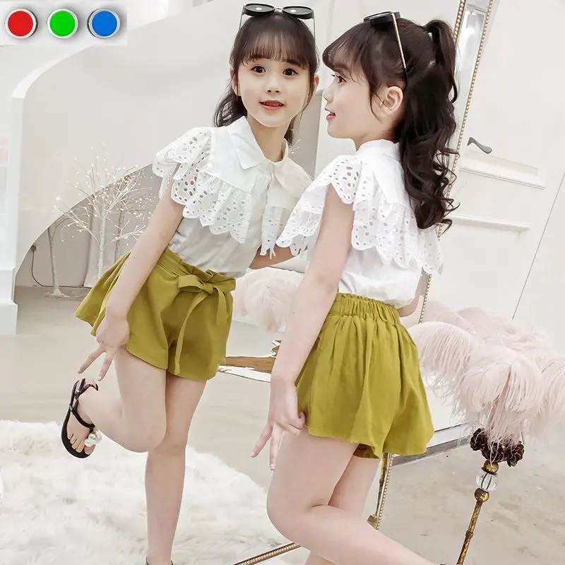 

Teenage Girl Cotton Short Sleeved Shirt+ Shorts Set for Summer Wear 2024 New Korean Children's Casual Two-piece Set for Girls