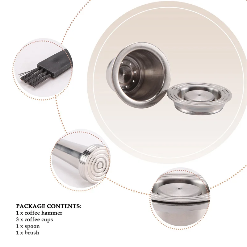

2025 Trendcapsules Reusable, Stainless Steel, 3 Pieces Refillable Pads For Nespresso + 1 Tamper + 1 Spoon + 1 Brush