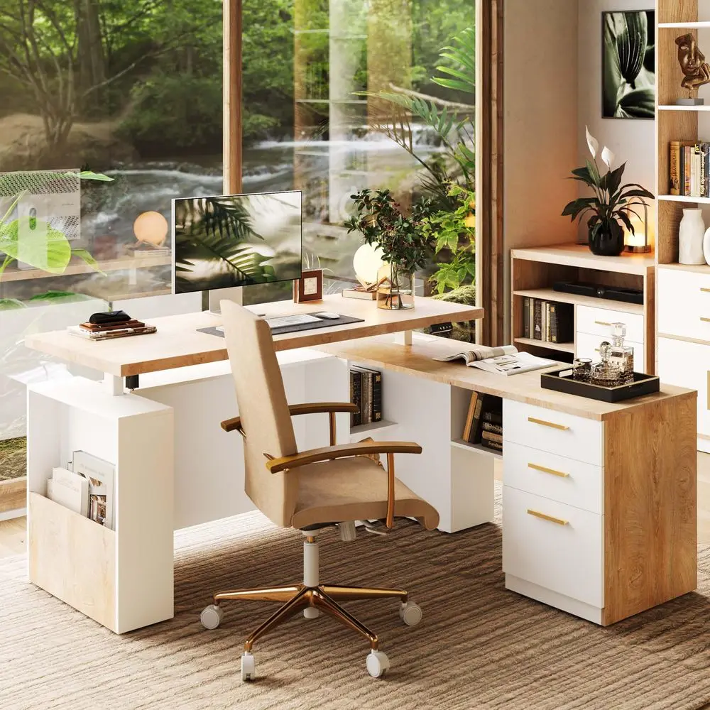 

63 Standing Desk with File Cabinet, Privacy Panel, AC USB, 1.18 Desktop, Executive L Shaped Height Adjustable Electric Stand
