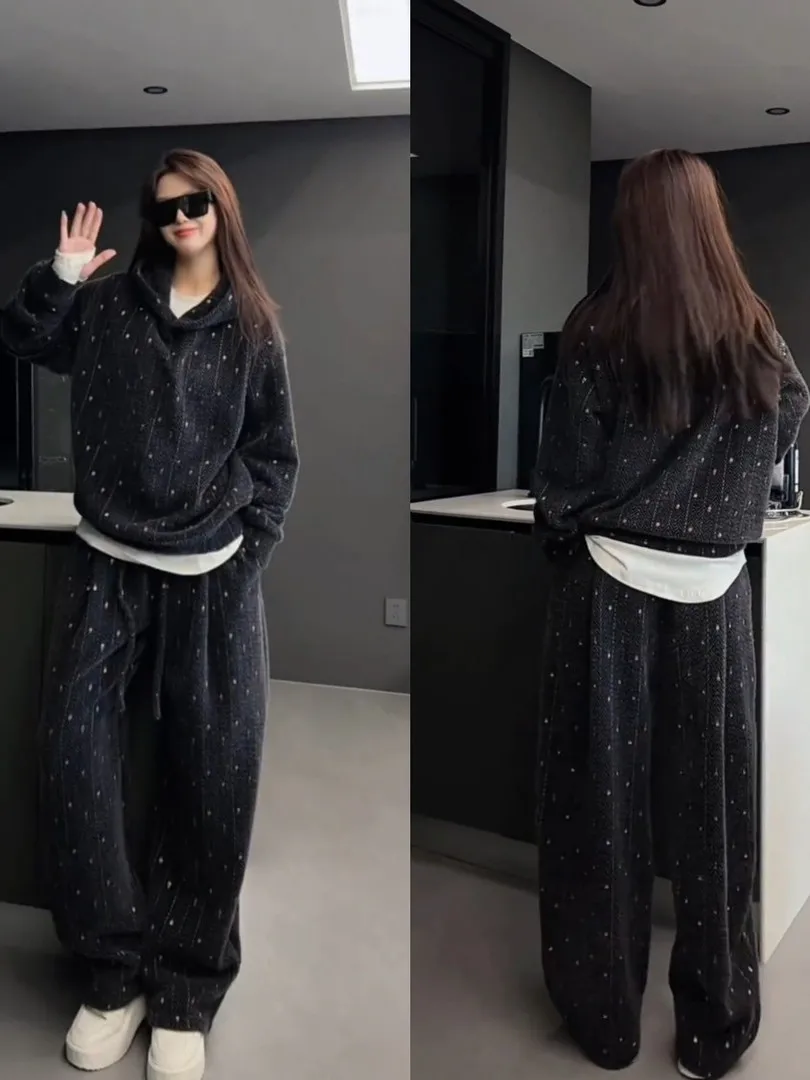 

Утепленный повседневный комплект для мужчин и женщин: модный цветной тканый худи и брюки для отдыха (новинка осень-зима)