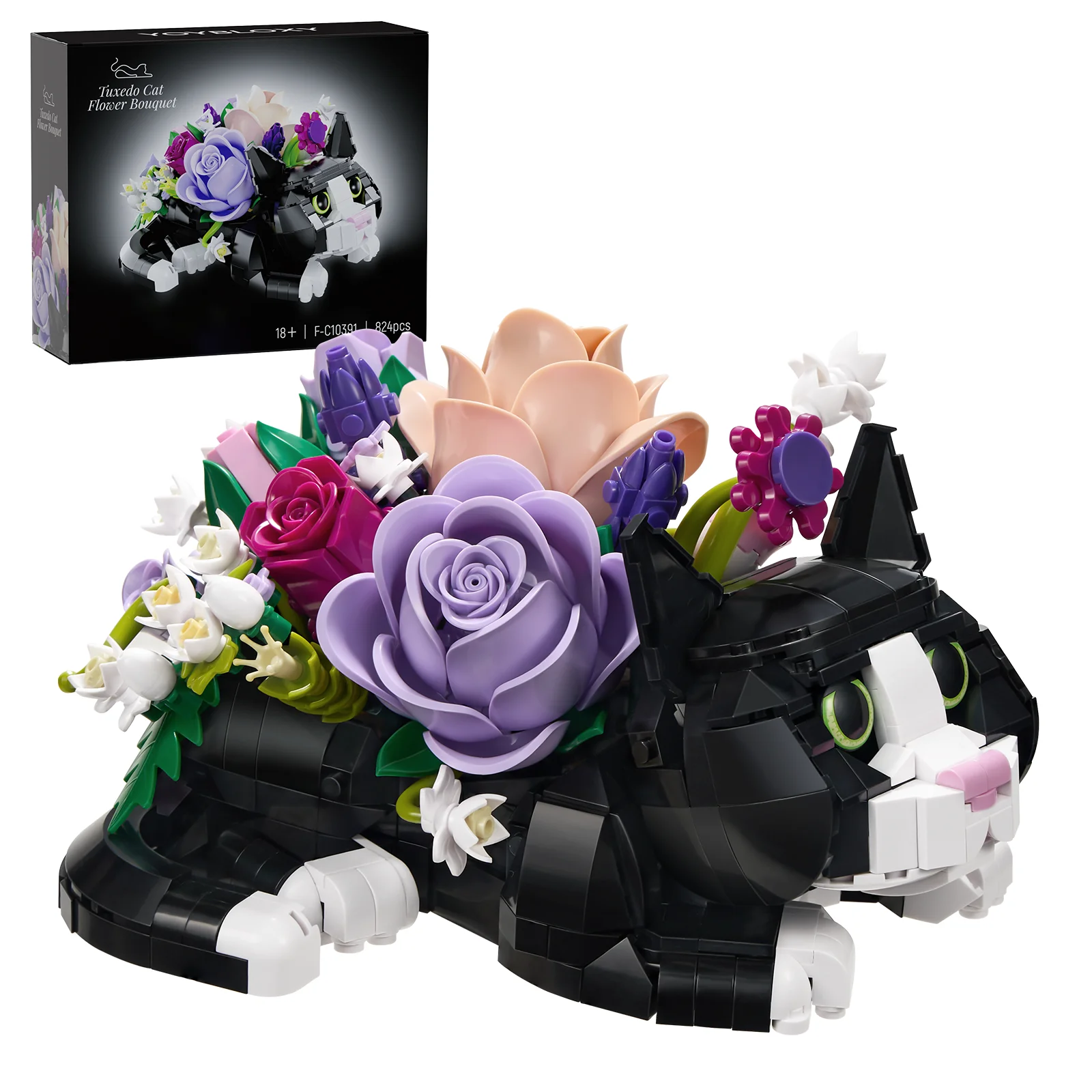 

Tuxedo Cat Rose Bouquet Succulent Planter Building Blocks Set Creative Plants and Animals Decoration Rose Bricks Toys Gifts