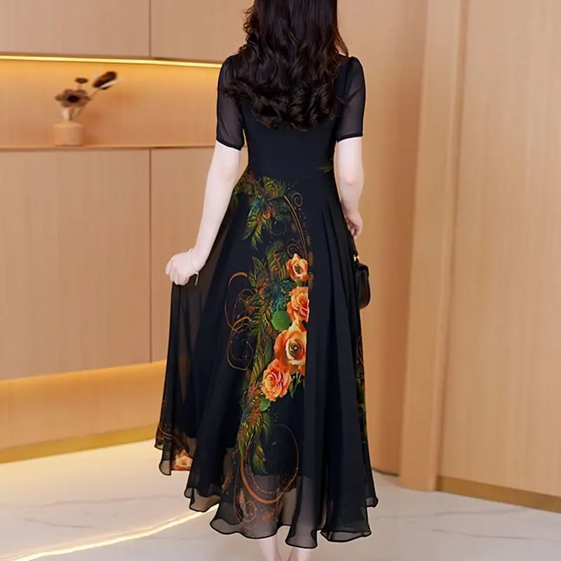 Summer V-neck High Street Short Sleeve Maxi Dress Women High Street Casual Loose High Waist Dresses Elegance Printing Vestidos