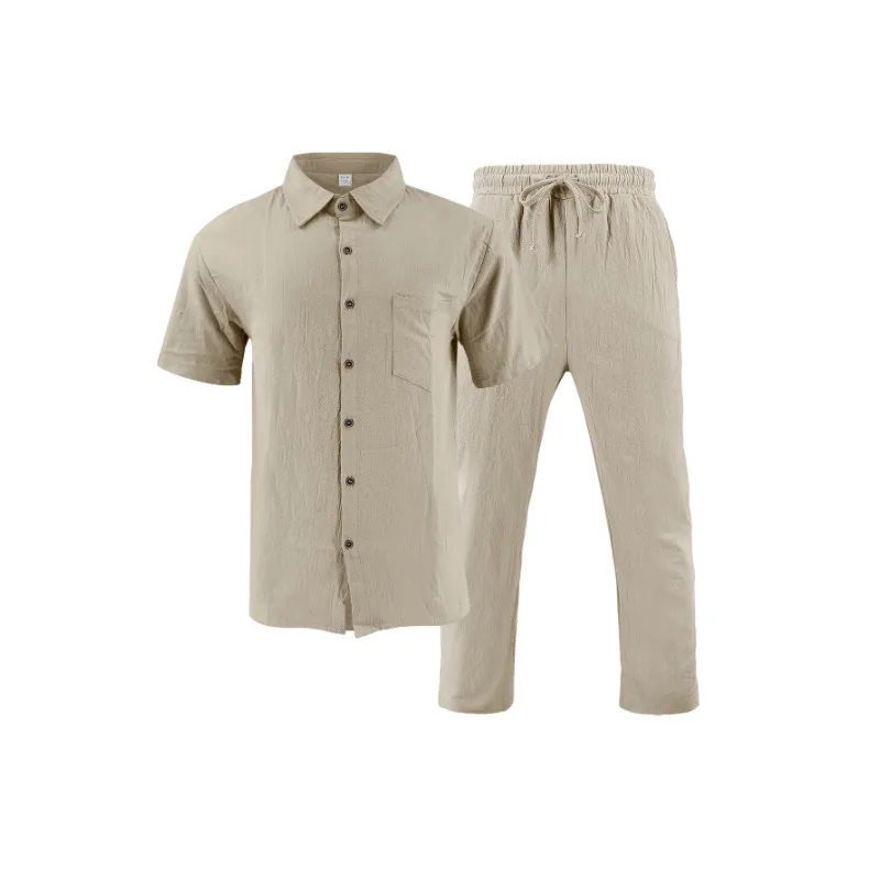 2025 Мужская повседневная рубашка на пуговицах и длинные брюки, комплект из 2 предметов, летняя пляжная одежда, удобный наряд