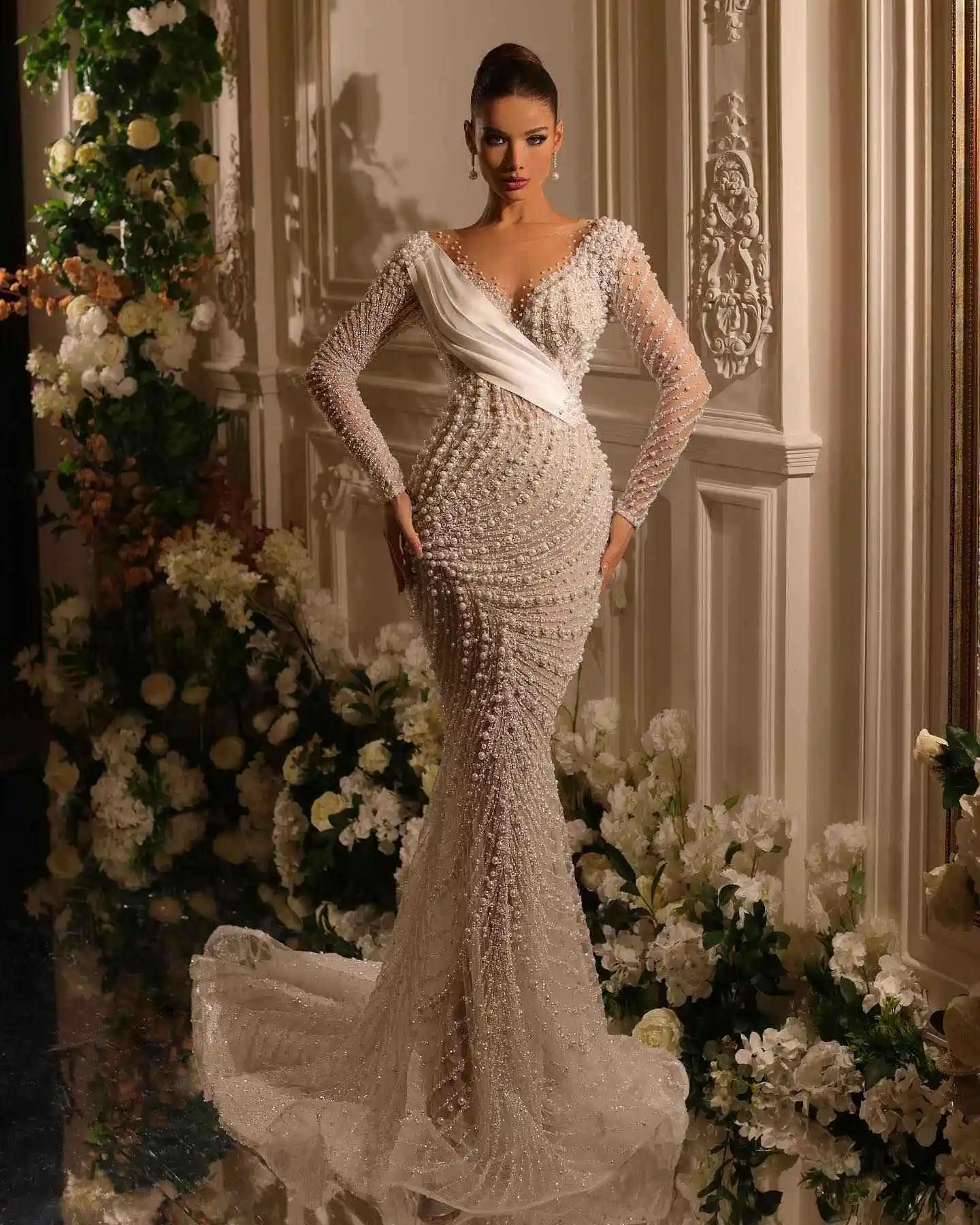 Fashion Mermaid Gown Wedding Dresses Pearls Sequins Lace Long Sleeve Bridal Detachable Train Gowns Big Size Custom Size Colour