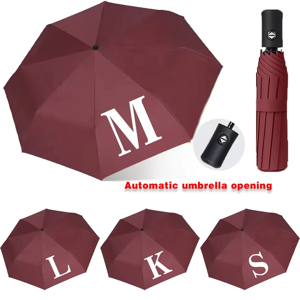 

Automatic Umbrellas for Sunshine Rainy Windproof Strong Umbrella Folding Large Buckle Handle Double Bone Resistant White Print