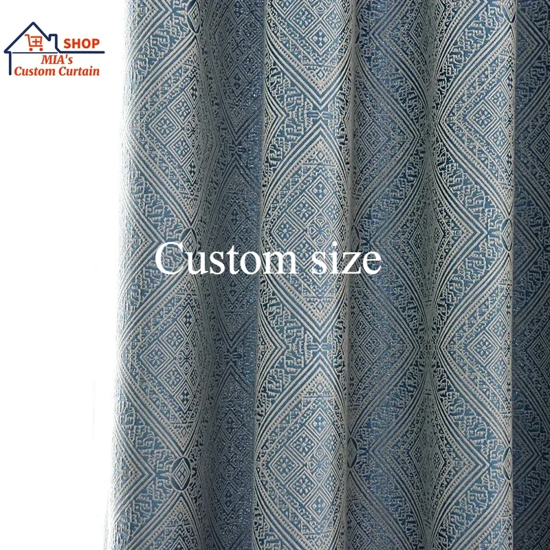 Custom Size Ornate Pattern Thick Blue Chenille Luxury Curtains for Living Dining Room Bedroom Blackout Drape White Tulle Elegant