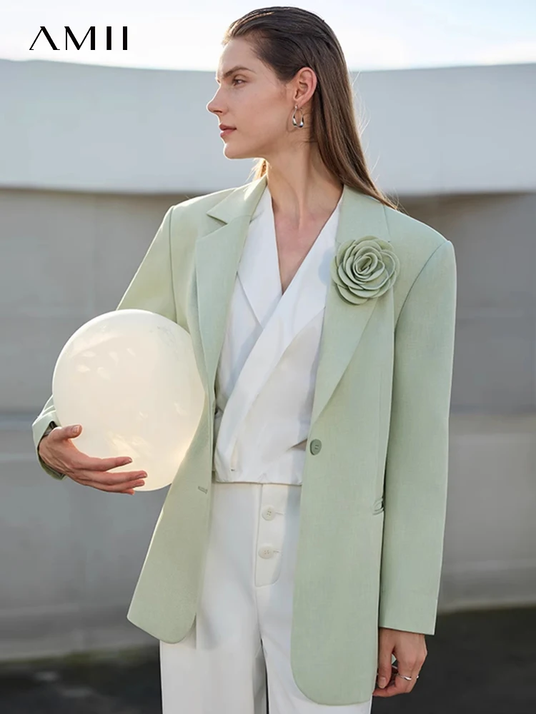 

AMII Minimalist 2023 Suits For Woman Winter New Loose Coat Removable Camellia Brooch Notched Lady Trendy Long Blazers 12343295