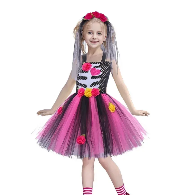 

Scary Skeleton Halloween Costume for Girls Kids Zombie Bride Fancy Dress Party Outfit Toddler Children Cosplay Ball Gown