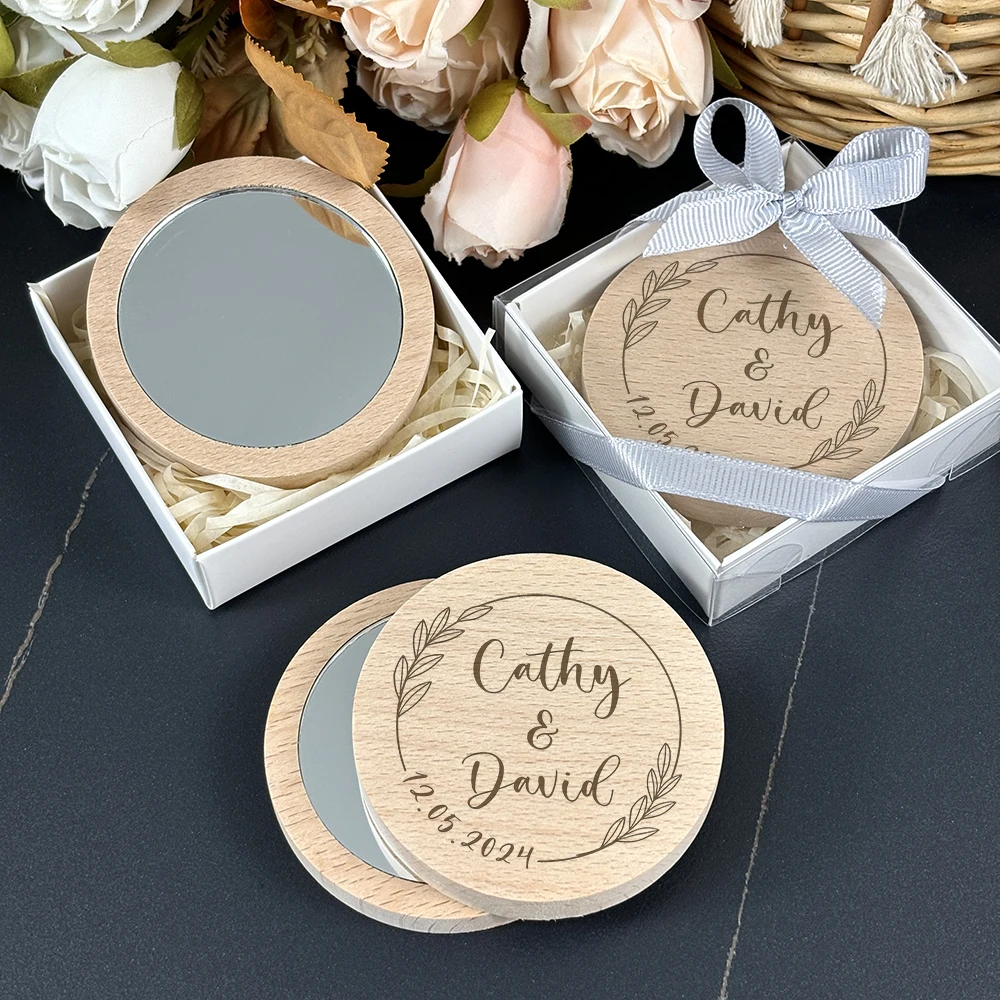 Personalized Wedding Guest Gift Custom Engraved Wooden Pocket Makeup Mirror for Women Wedding Party Favor Souvenir with Box