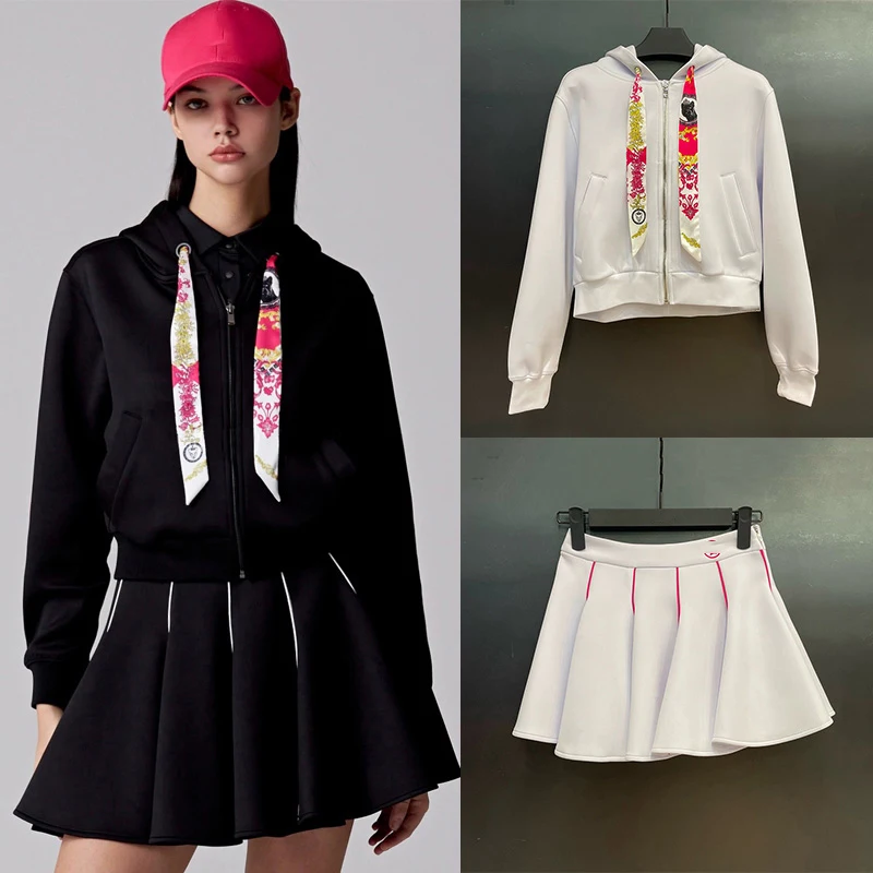 Autumn Spring New Golf Clothing Long Sleeved Zipper Sweatshirt Woman Outdoor Jacket, Fashionable Fluffy Pleated Short Skirt