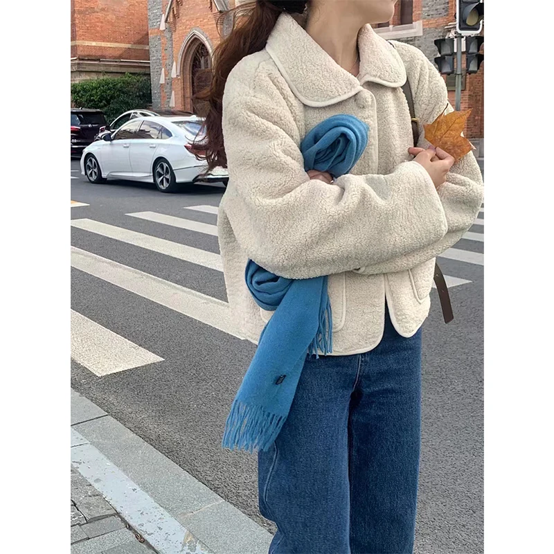 MEXZT Vintage Płaszcz z Wełny Jagnięcej Damski Krótki Kieszenie Puszysta Kurtka Zimowa Streetwear Koreański Długi Rękaw Futrzana Krótka Odzież Wierzchnia Nowa