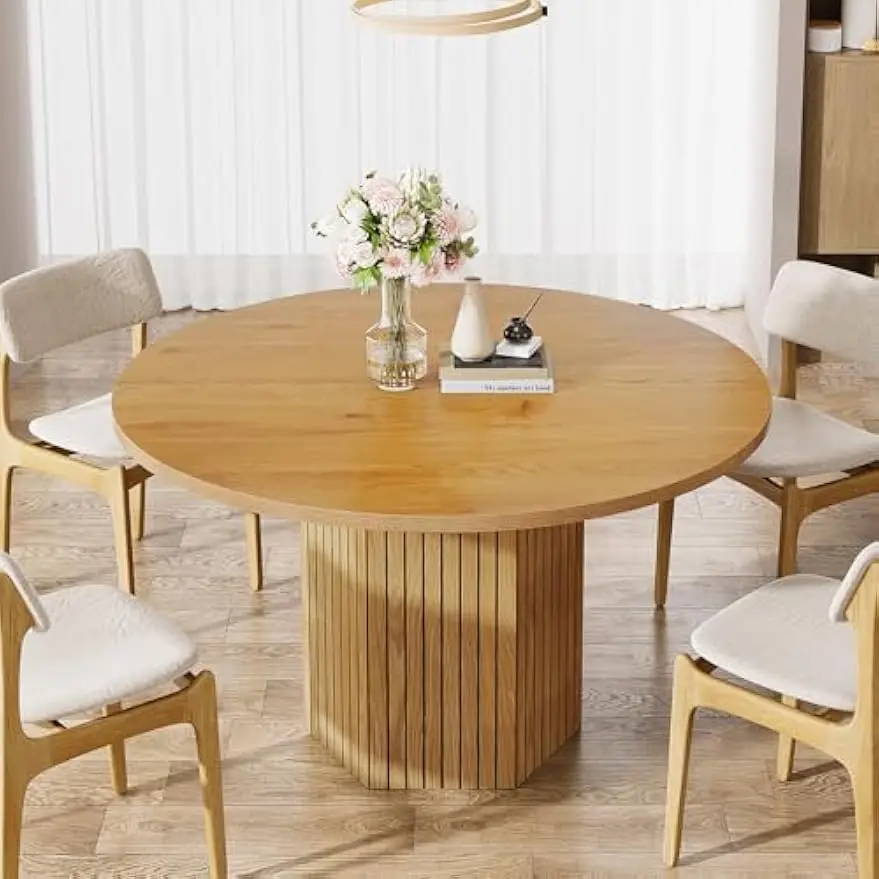 Wood Dining Table Round Kitchen Table for Dining Room, 47 inch Dinner Table 4 People Dining Room Table with Heavy Duty Pedestal