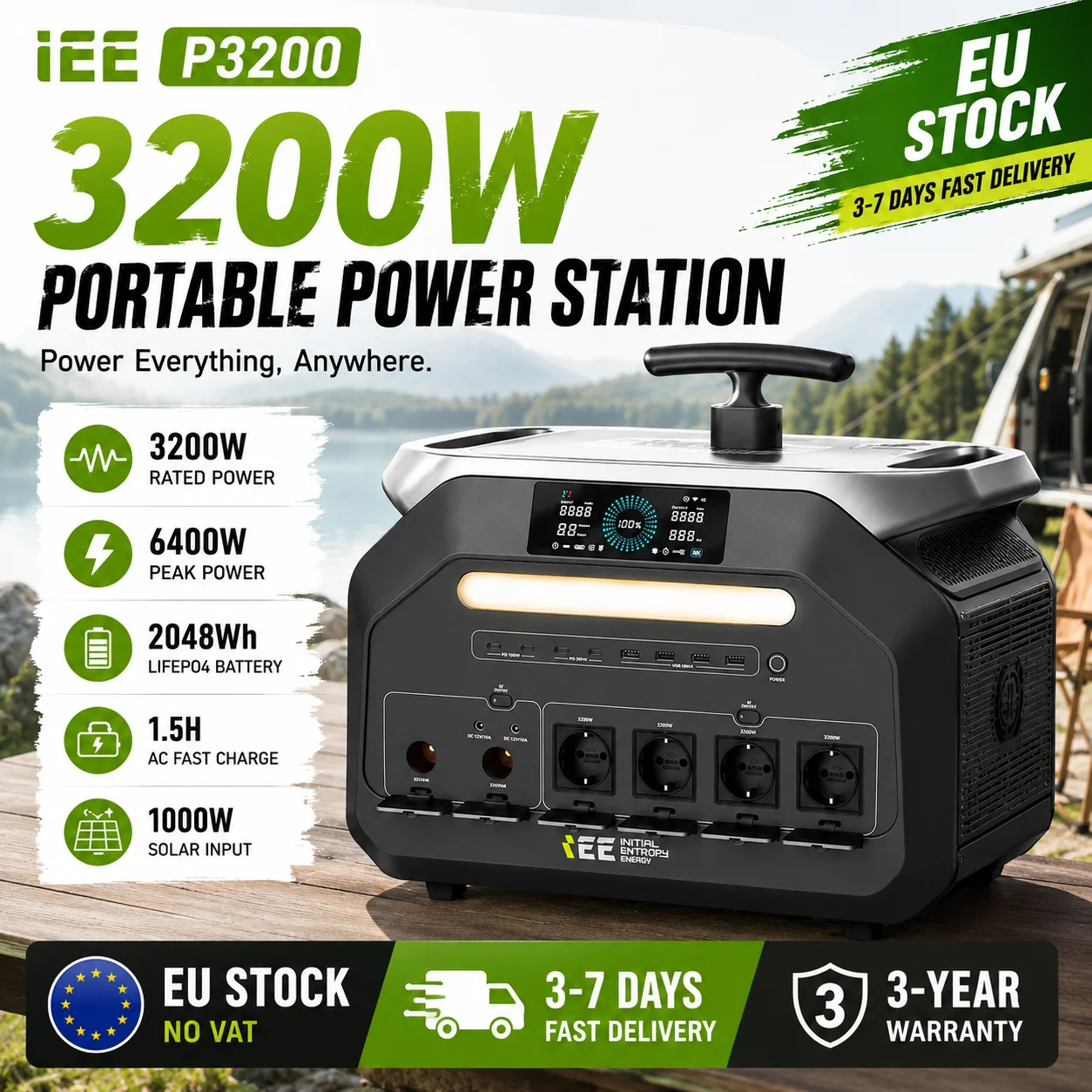 Station d'alimentation portable IEE P3200 3200W 2048Wh LiFePO4 6400W en crête, charge rapide en 1,5h, entrée solaire 1000W, contrôle WiFi Bluetooth via application