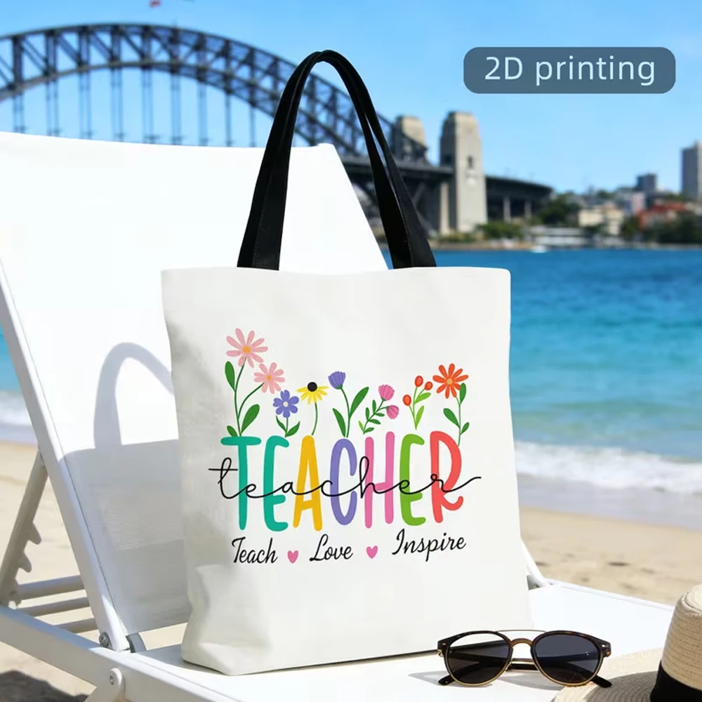 Aesthetic Tote Bag, Durable and Reusable Women's Daily Handbag, Errand Bag, 1 Piece, Teacher-Themed, Conveying Education, Care, and Motivation, Floral Pattern, Tote Bag/Shopping Bag, 2D Flat Print Size: 15.75X 13.78inch Summer Beach, Seaside Handbag