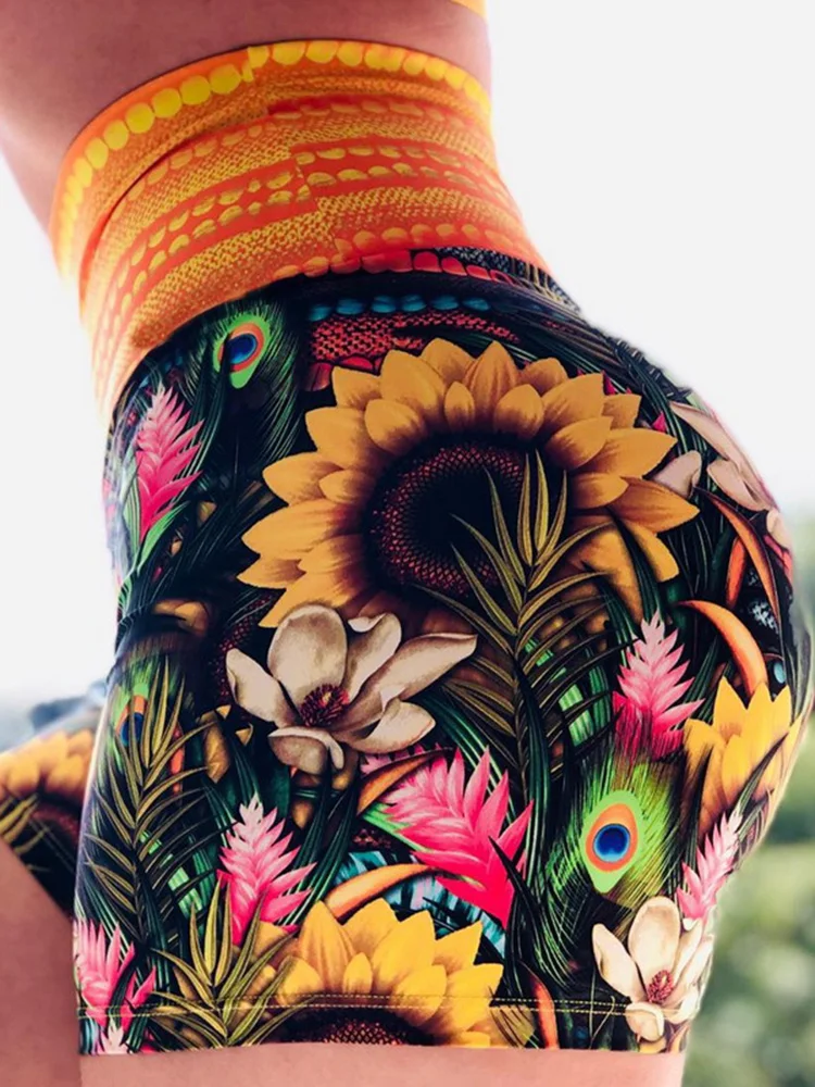 Damen Sommer Shorts Sonnenblumen feder digital gedruckt Stretch elastisch lässig Fitness unten atmungsaktiv weiblich